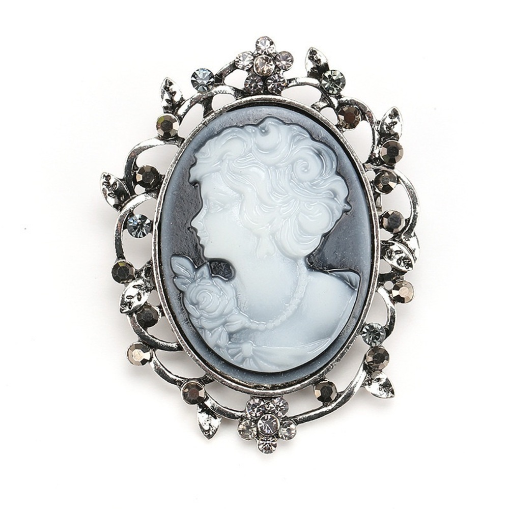 Vintage Style Victorian Lady Cameo Oval Blue Gray Brooch Silver Tone Floral